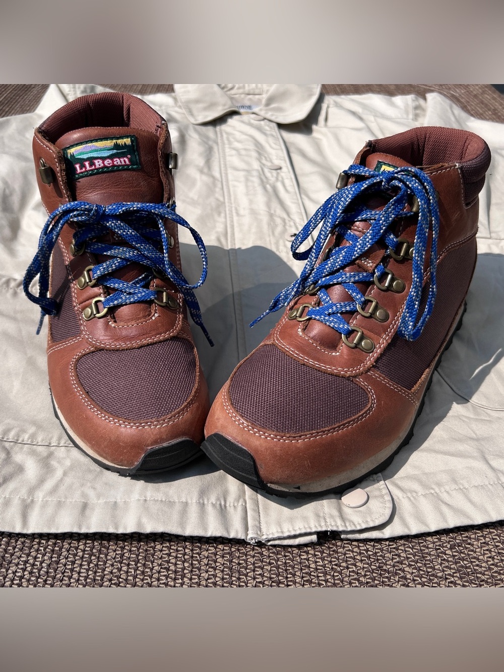 L.L. Bean Woman’s Brown Leather and Mesh Hiking Boots with Blue Laces